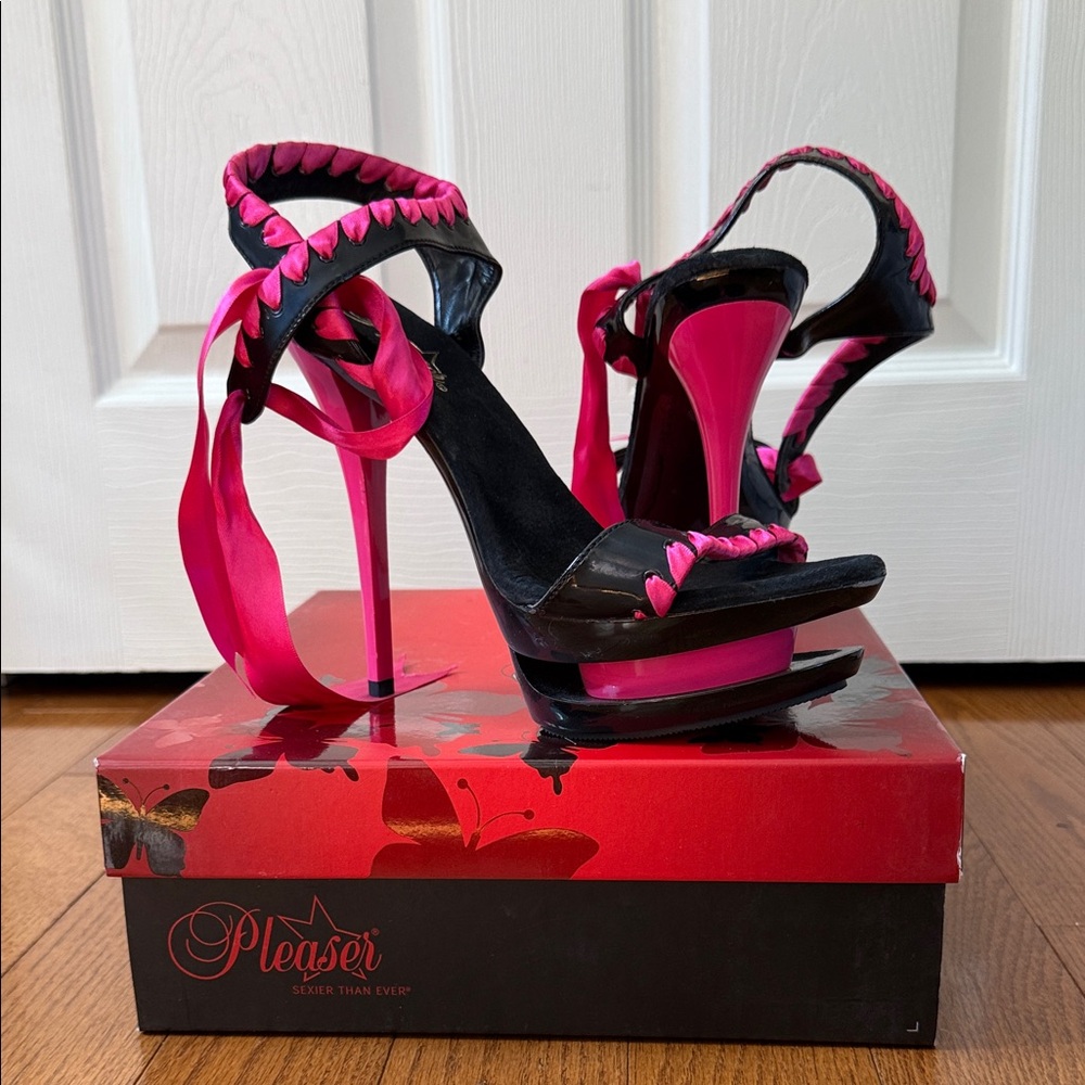 Pleaser Black and Pink Strappy Heels